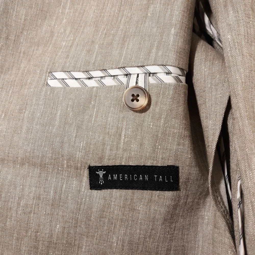 American Tall Linen Blend Blazer Jacket Mens 40 Tall Beige Unstructured NEW